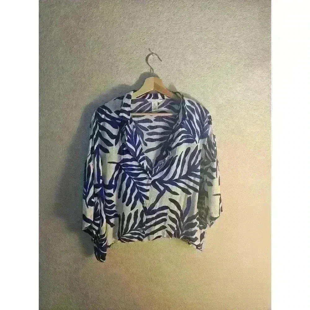 Royal blue print button down blouse